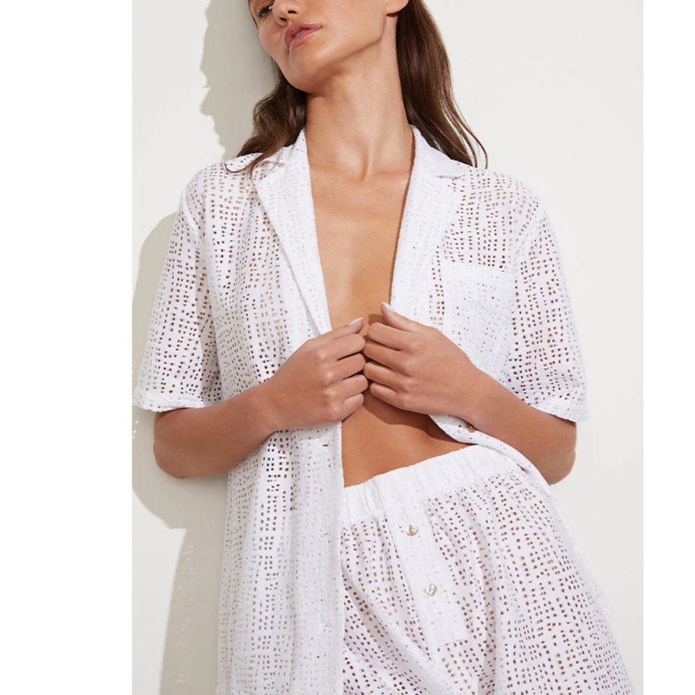 Negative Underwear Eyelet Lace Island Shirt White Short Sleeve Button Down Small